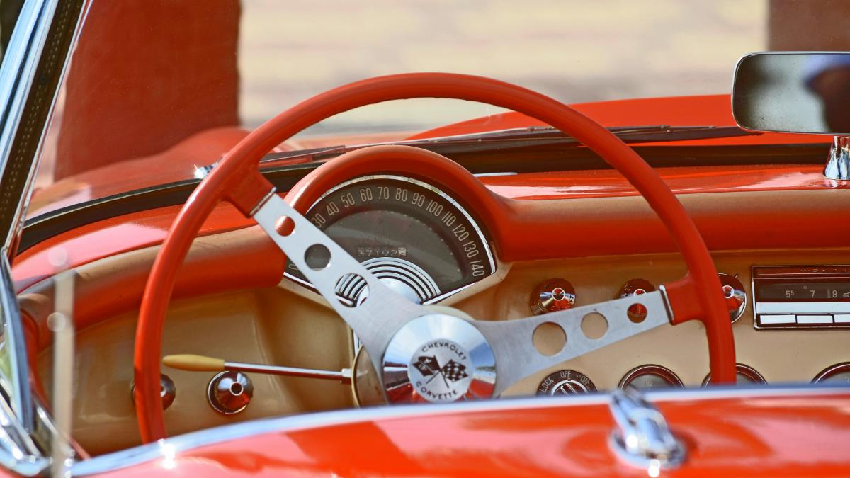 classic red and white car interior