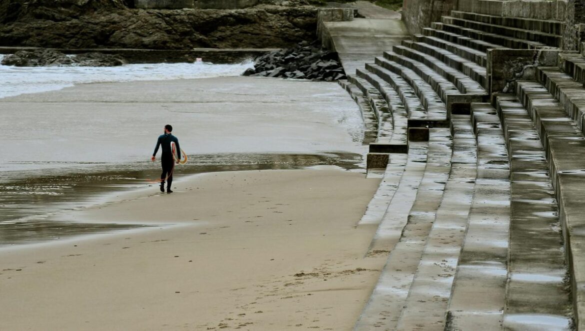 man standing on beach line