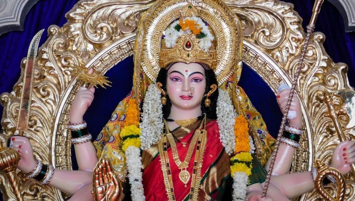woman in red and gold sari dress