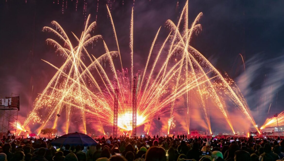 a crowd of people watching fireworks
