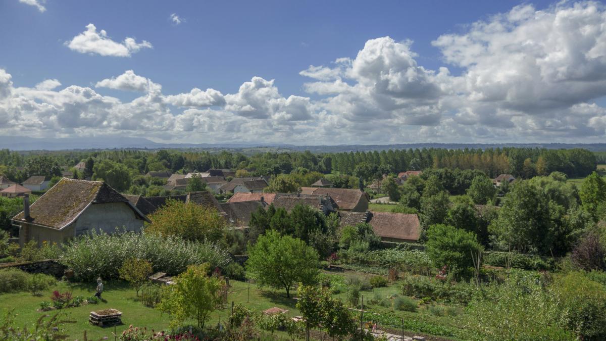a landscape with houses and trees