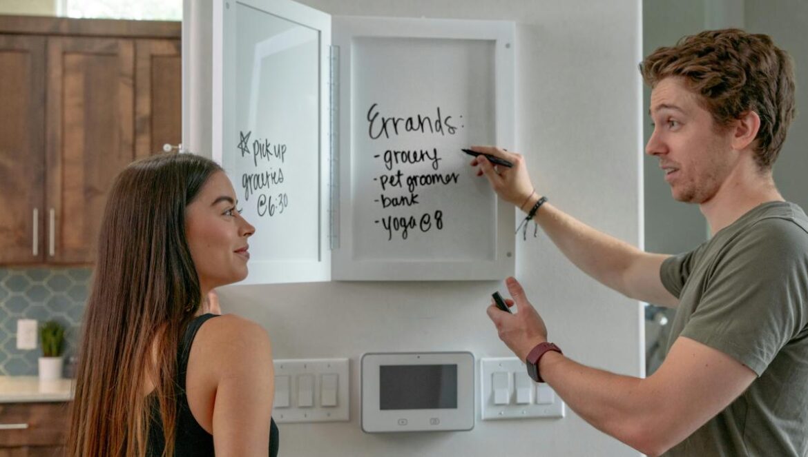 a man and a woman writing on a wall