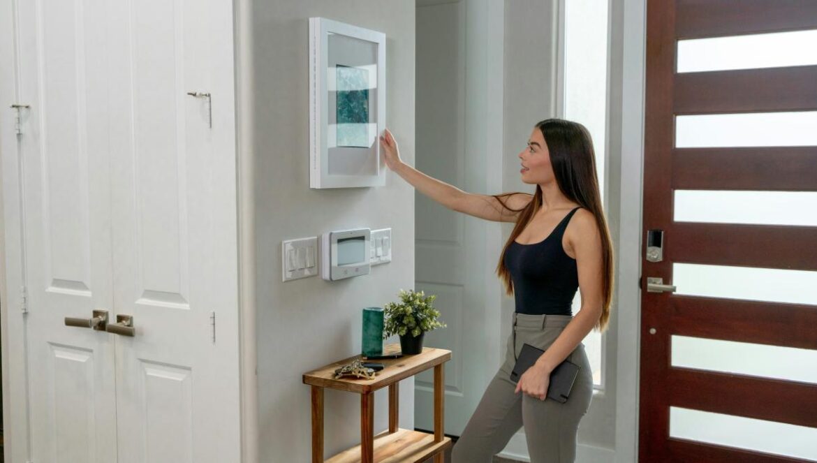 a woman standing in front of a wall mounted light switch