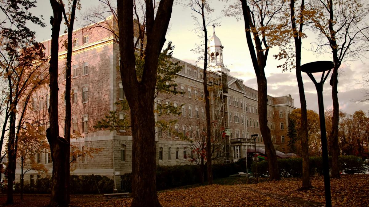 a large building surrounded by trees and leaves