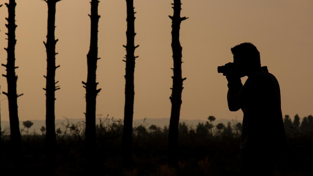 a man holding a camera in front of a line of trees