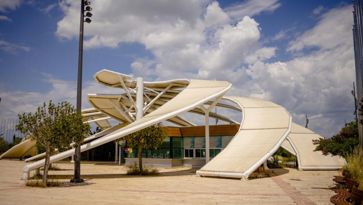 A building with a large slide in front of it