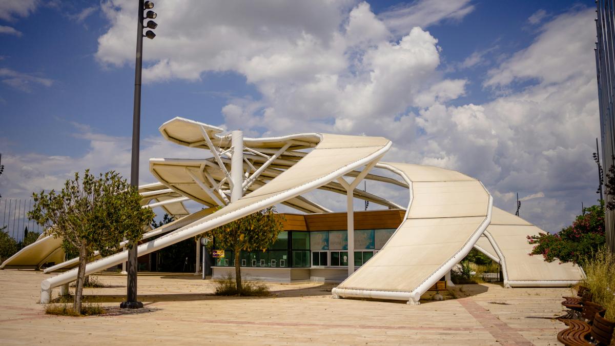 A building with a large slide in front of it