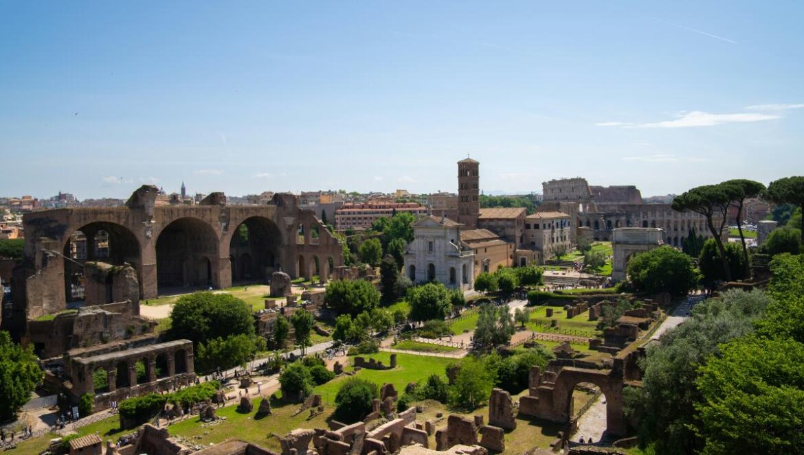 An aerial view of the ruins of a roman city