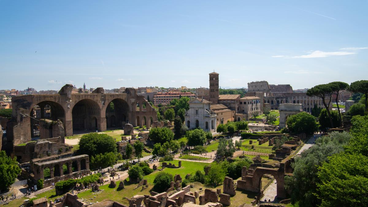 An aerial view of the ruins of a roman city
