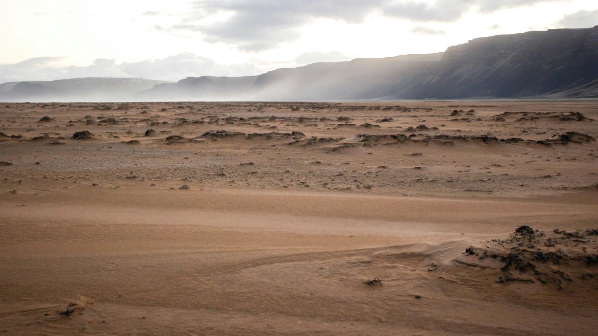 A desert landscape with mountains in the distance