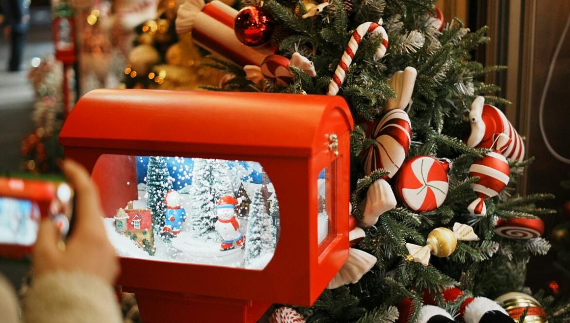 A person taking a picture of a christmas tree