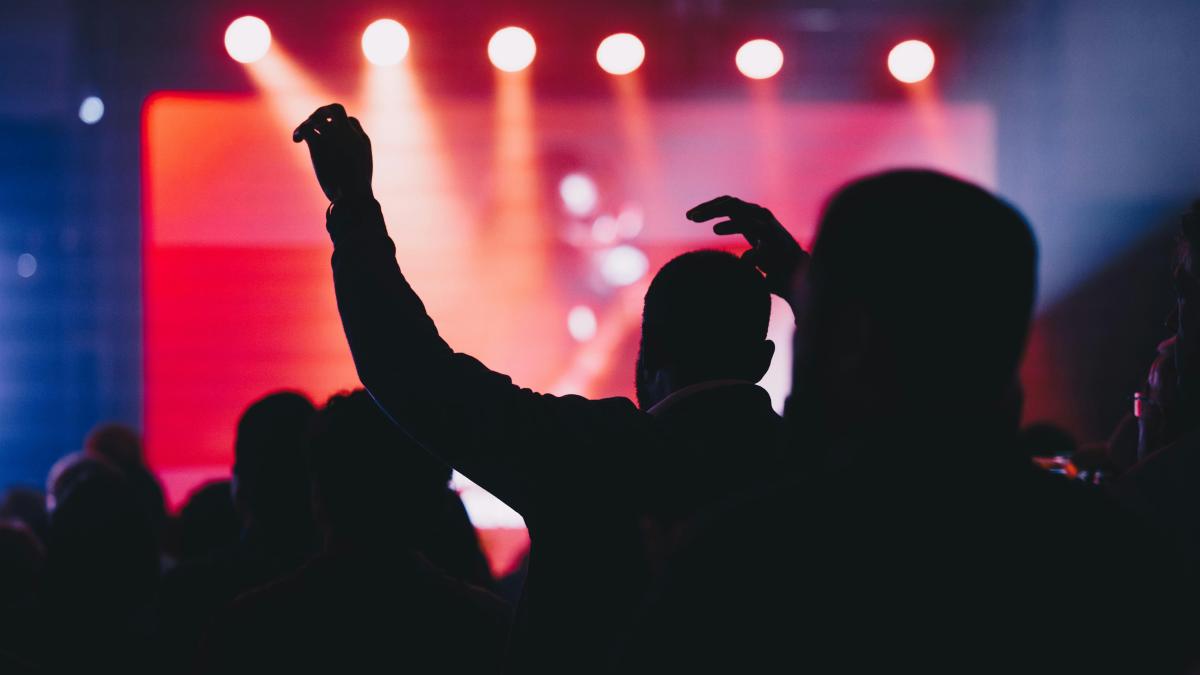 A crowd of people at a concert with their arms in the air