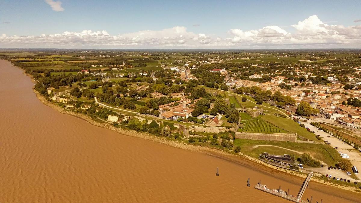 An aerial view of a river running through a city