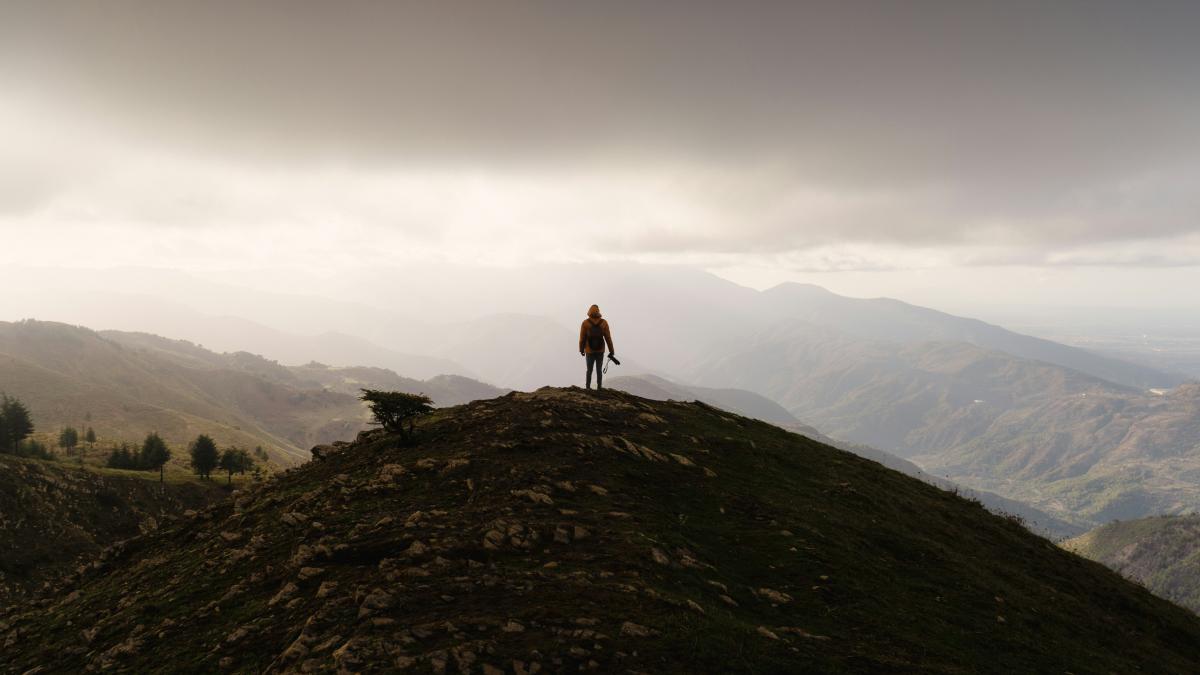 A person standing on top of a hill with a dog