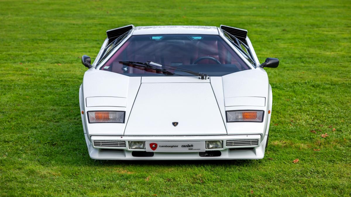 A white lamborghini countach sits on grass.
