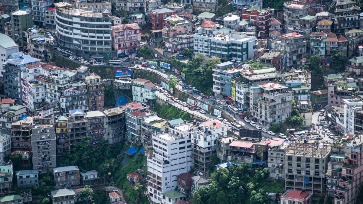 An aerial view of a dense cityscape.