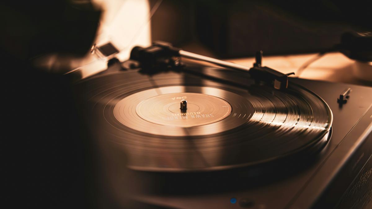 A vinyl record playing on a turntable.