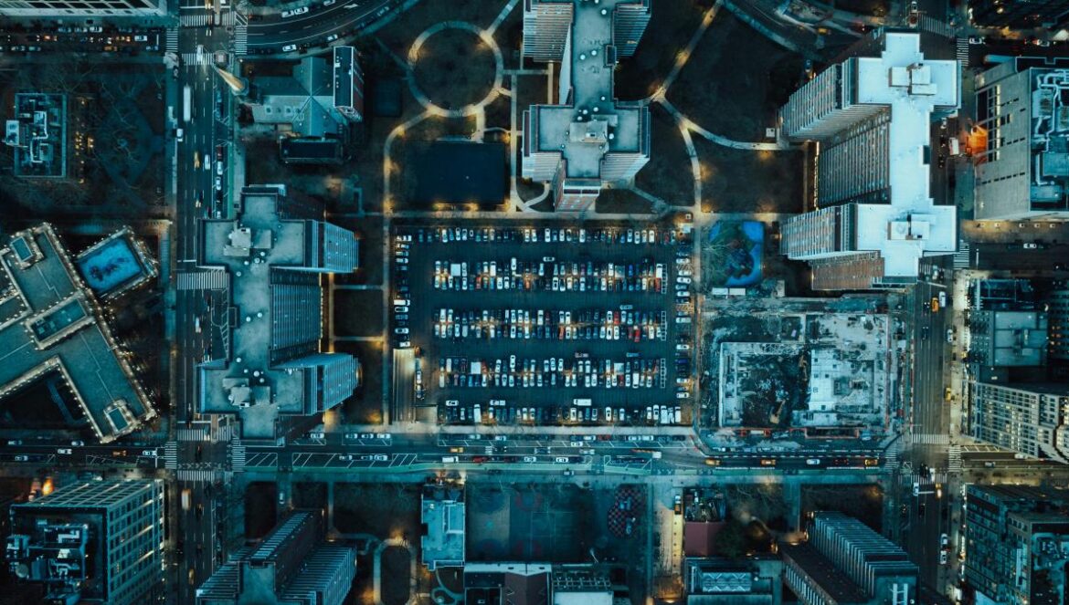 An aerial view of a city at night