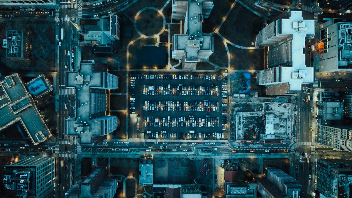 An aerial view of a city at night