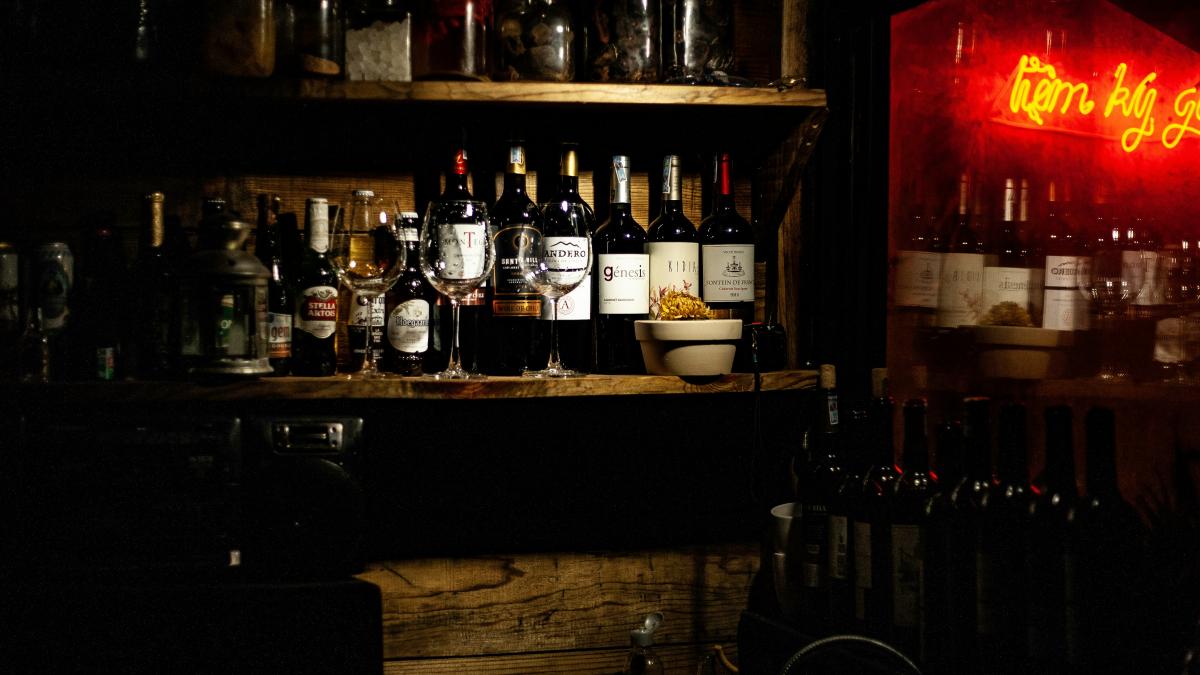 wine bottles on shelves