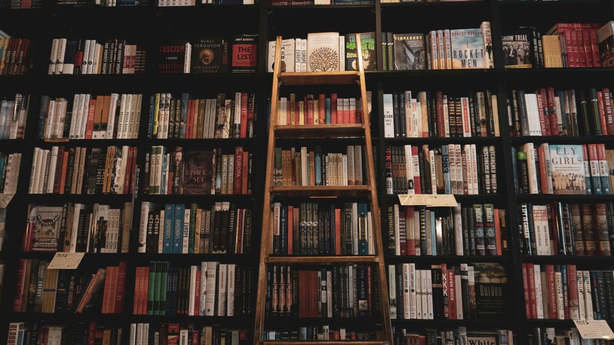 brown wooden ladder leaning of bookshelf