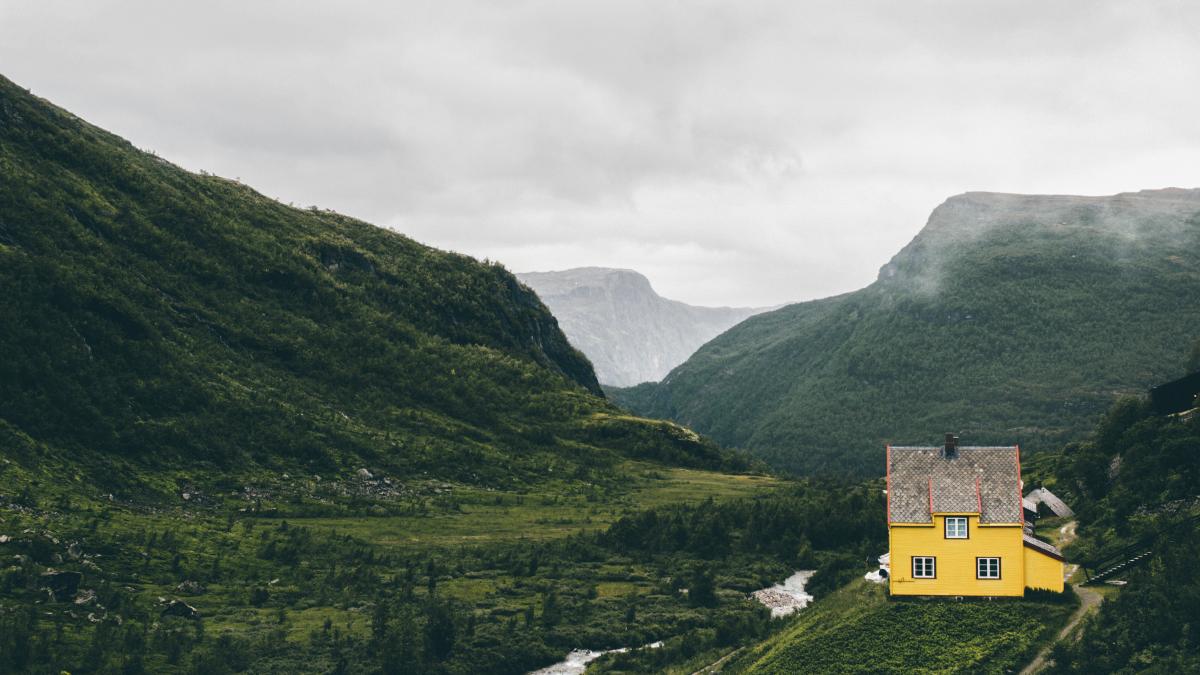 landscape photography of green leaf tree covered valley with body of water and yellow house sticker edited photo