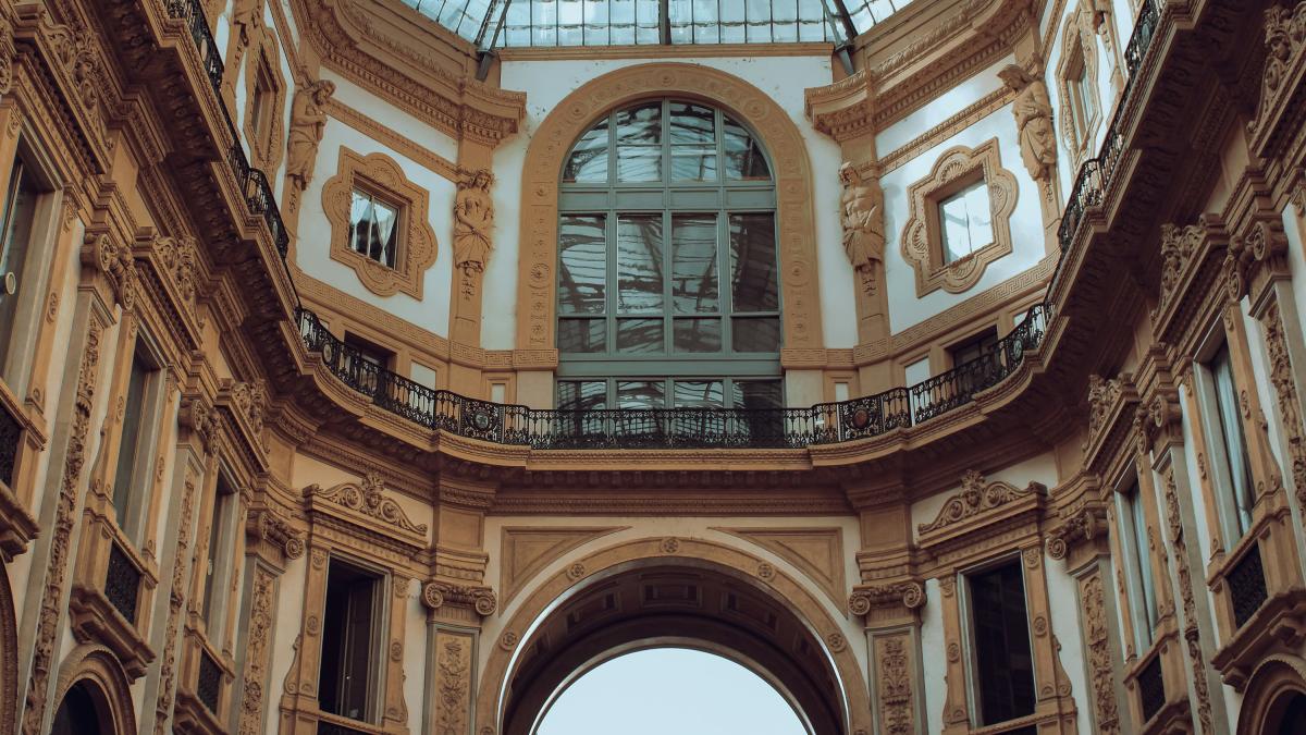 the inside of a building with a glass roof