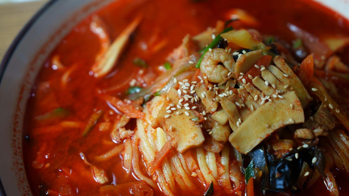 Spicy korean noodle soup.