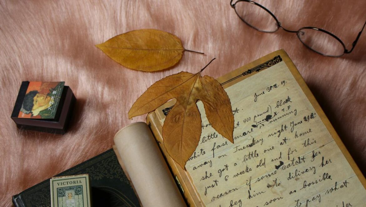 a book with a leaf on top of it next to a pair of glasses