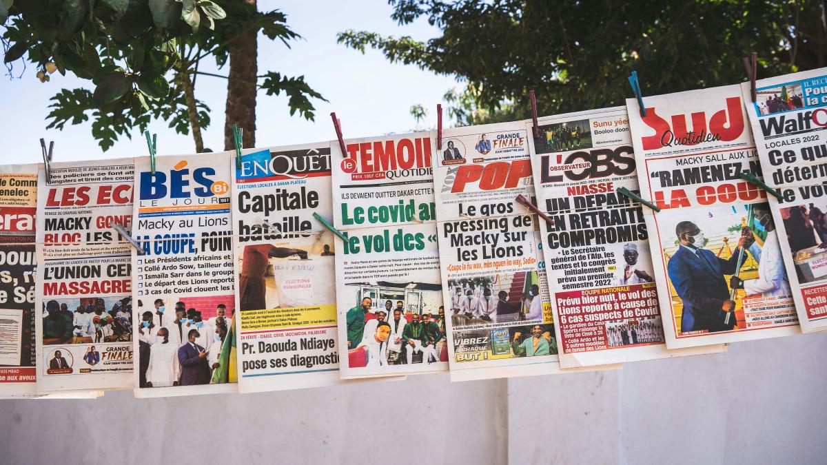 a number of newspapers on a wall with trees in the background