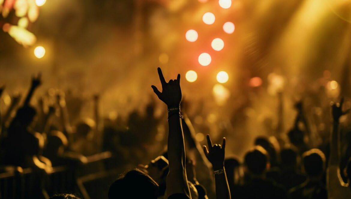 a crowd of people at a concert with their hands in the air