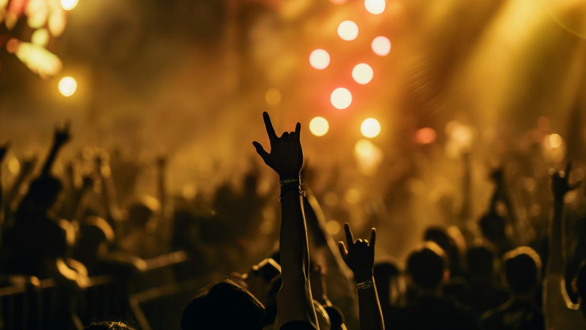 a crowd of people at a concert with their hands in the air