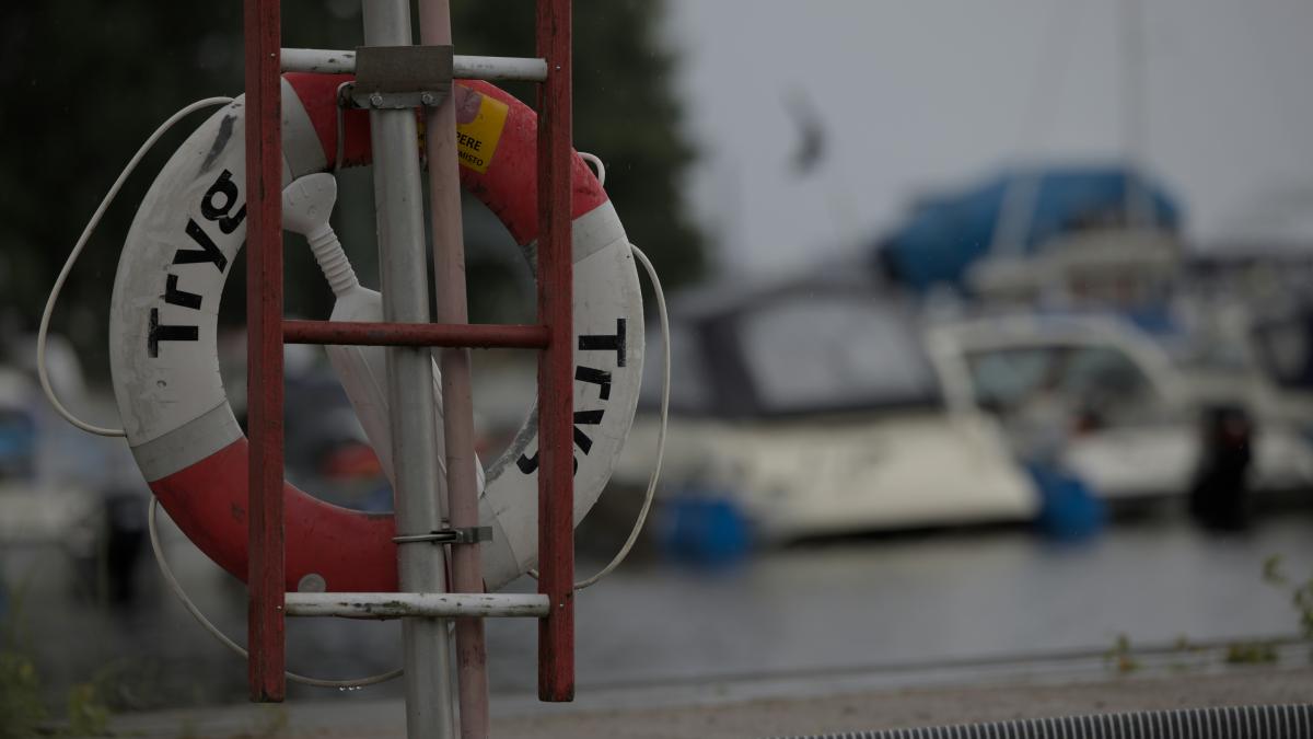 A red and white life preserver next to a body of water