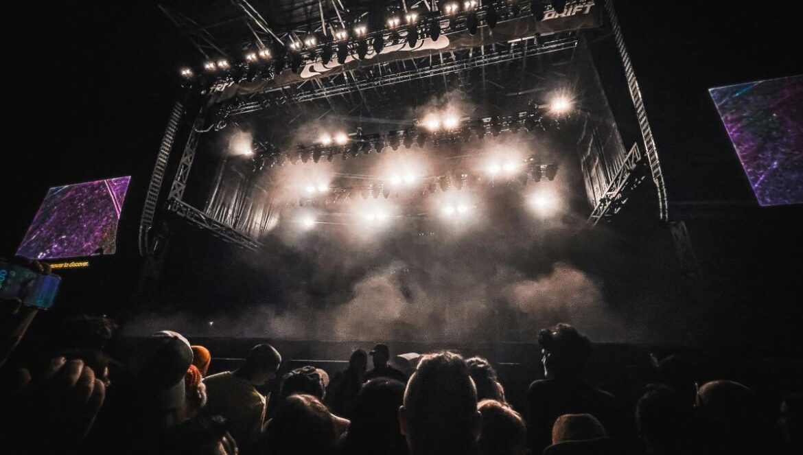 A crowd of people watching a concert on stage
