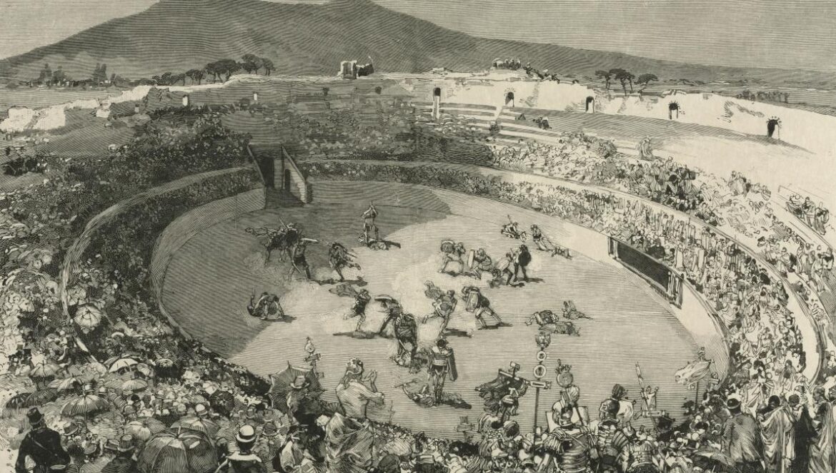 Italy. The Festival of Pompei, The circus of gladiators 1884 Auguste Louis Lepère (French, 1849–1918) France, 19th century wood engraving Sheet: 32.2 x 46.7 cm (12 11/16 x 18 3/8 in.); Platemark: 21 x 31.5 cm (8 1/4 x 12 3/8 in.) Gift of John Bonebrake 2007.258