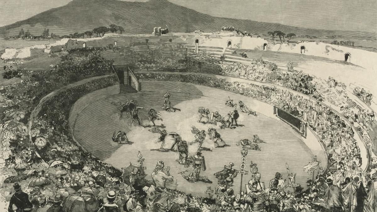 Italy. The Festival of Pompei, The circus of gladiators 1884 Auguste Louis Lepère (French, 1849–1918) France, 19th century wood engraving Sheet: 32.2 x 46.7 cm (12 11/16 x 18 3/8 in.); Platemark: 21 x 31.5 cm (8 1/4 x 12 3/8 in.) Gift of John Bonebrake 2007.258