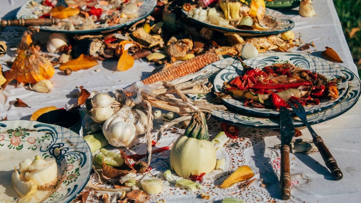 a table with plates of food on it