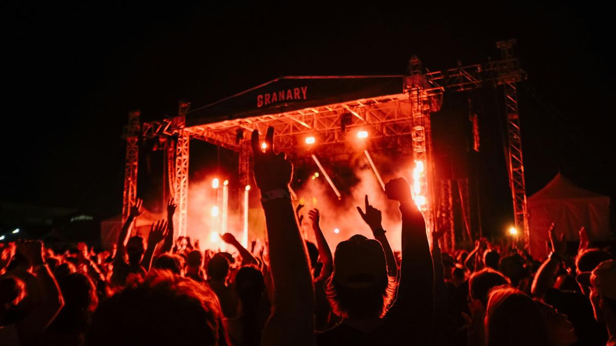 A crowd of people at a concert with their hands in the air