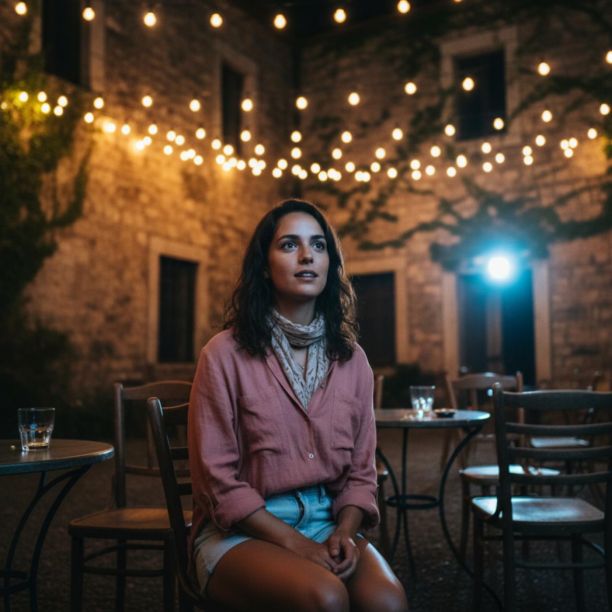 Jeune femme captivée devant un cinéma de plein air dans un patio aux murs de pierre, éclairé aux guirlandes.