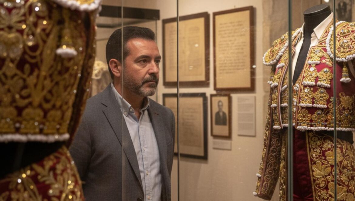 Visiteur contemplant des costumes de torero et des archives dans une salle de musée lumineuse.