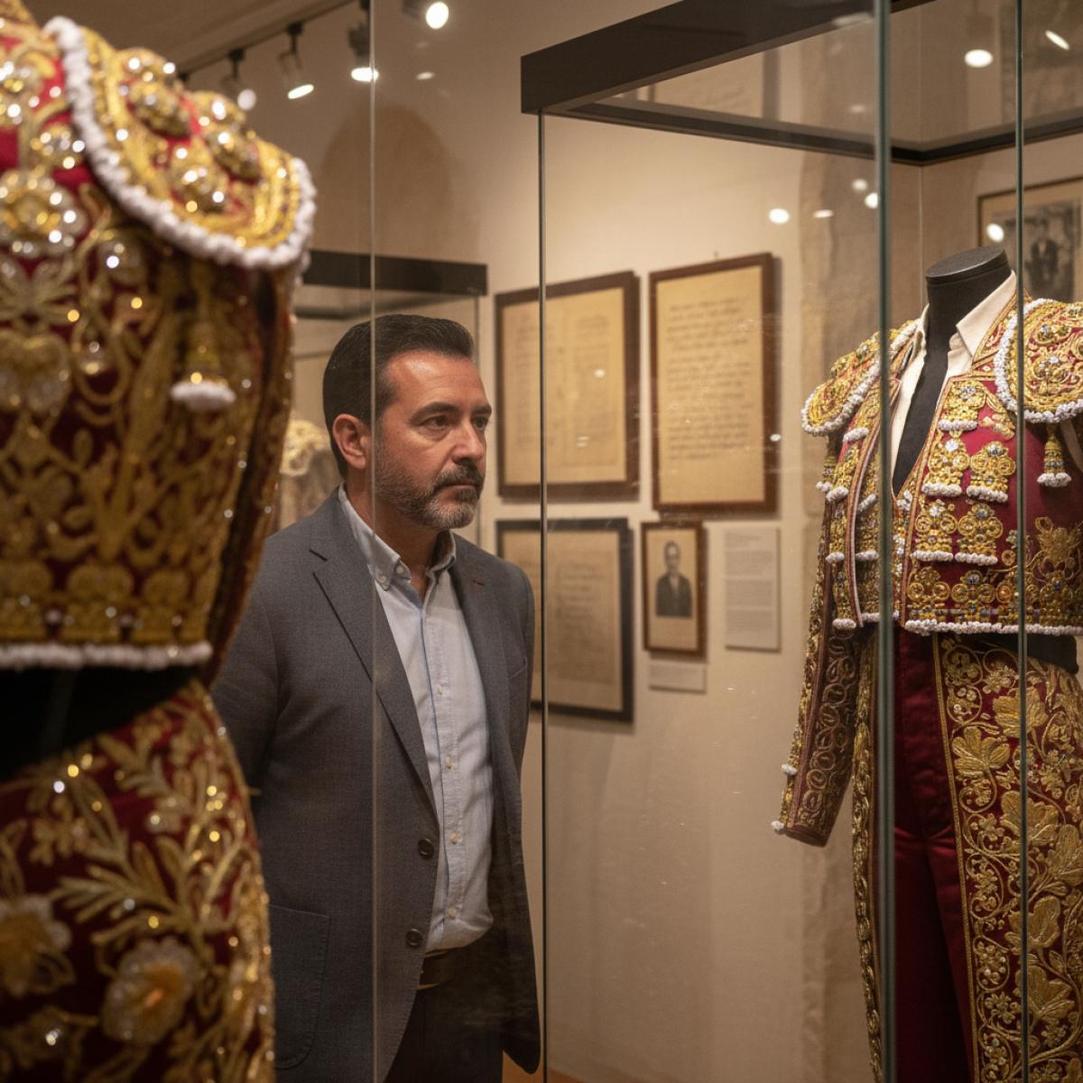 Visiteur contemplant des costumes de torero et des archives dans une salle de musée lumineuse.