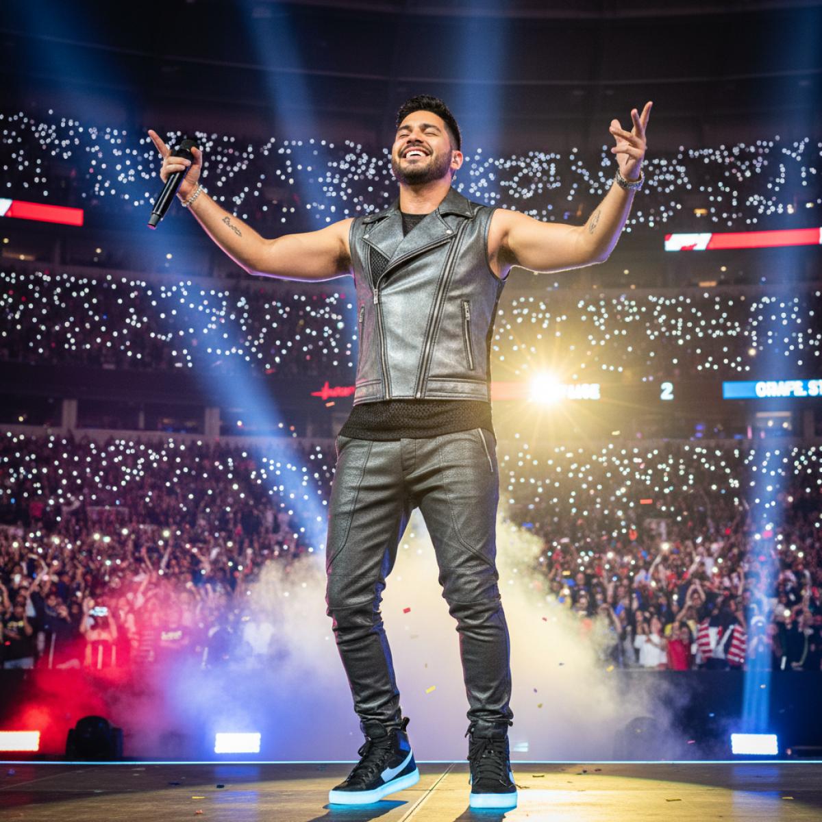 Chanteur latino sur scène sous des lumières de stade, bras levés, foule en liesse pendant un show de mi-temps.