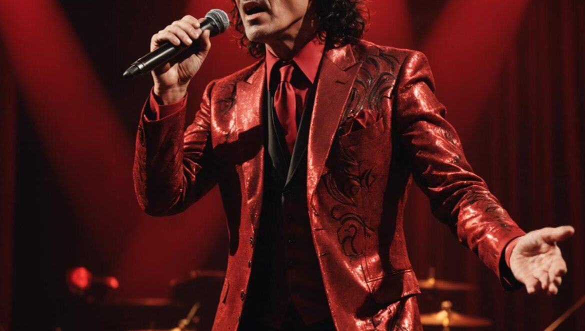 Chanteur rock en costume rouge métallisé, sous des lumières rouges, ambiance cabaret cinématographique.