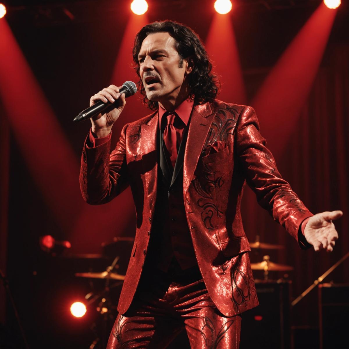 Chanteur rock en costume rouge métallisé, sous des lumières rouges, ambiance cabaret cinématographique.