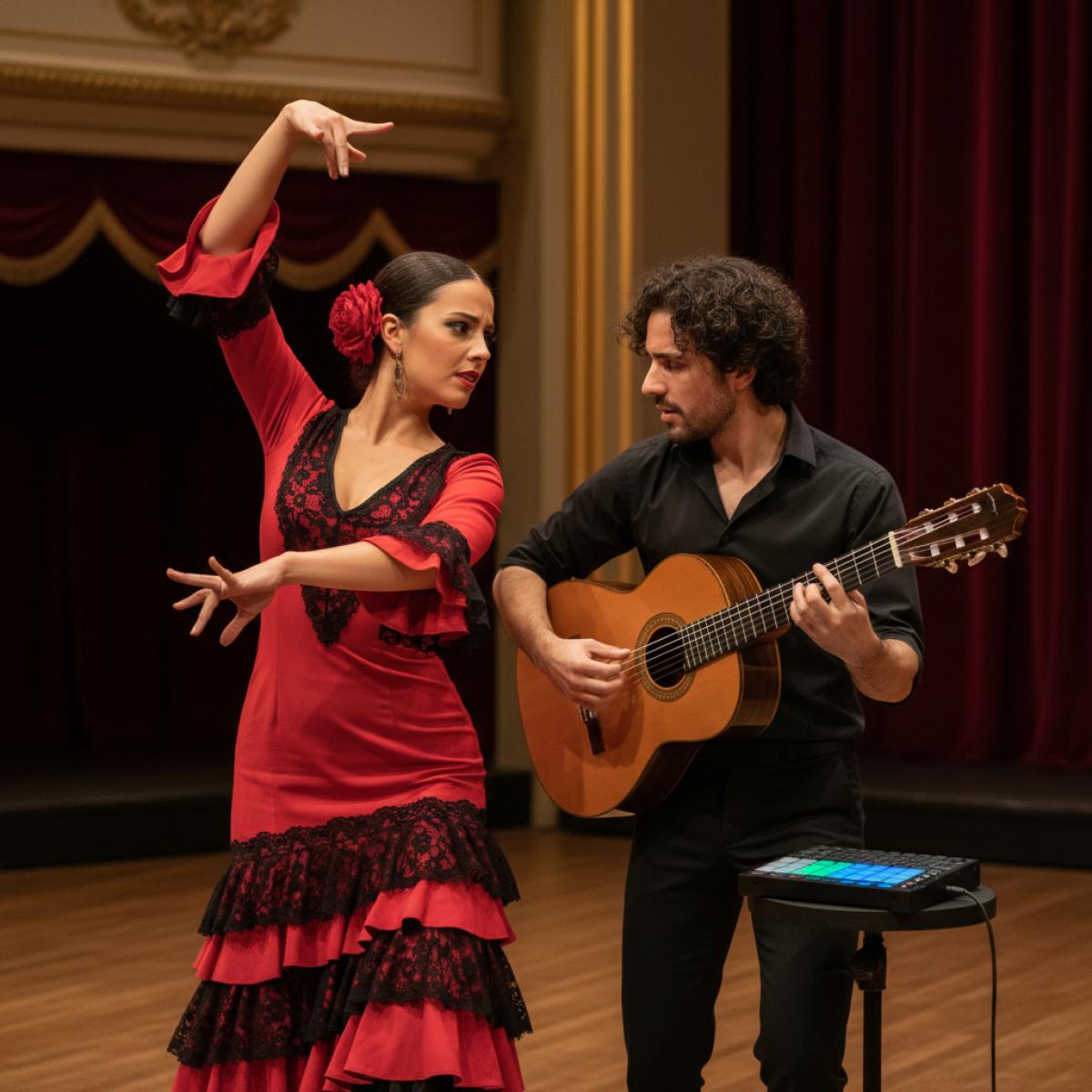 Danseuse flamenca et musicien avec guitare et sampler sur scène, lumière chaude du théâtre.