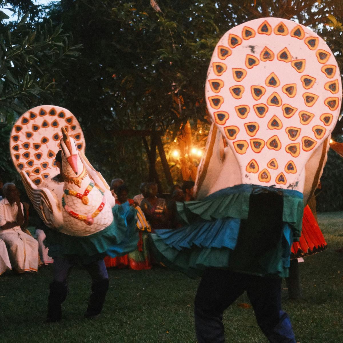 A group of people standing on top of a lush green field