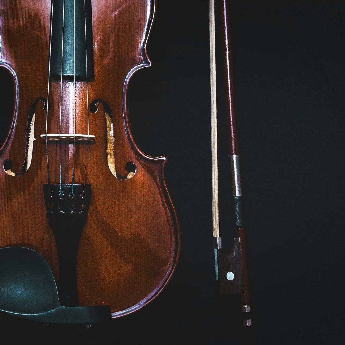 brown violin with bow in black background