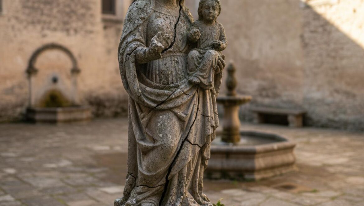 Sculpture médiévale en pierre de la Vierge à l’Enfant, érodée, dans un patio ensoleillé aux murs ocres et petite fontaine.