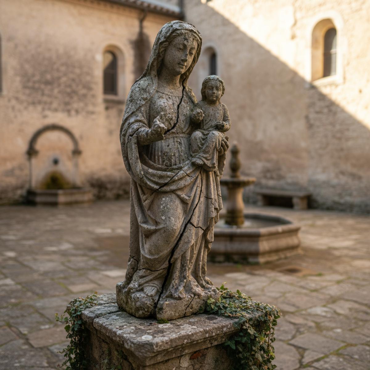 Sculpture médiévale en pierre de la Vierge à l’Enfant, érodée, dans un patio ensoleillé aux murs ocres et petite fontaine.