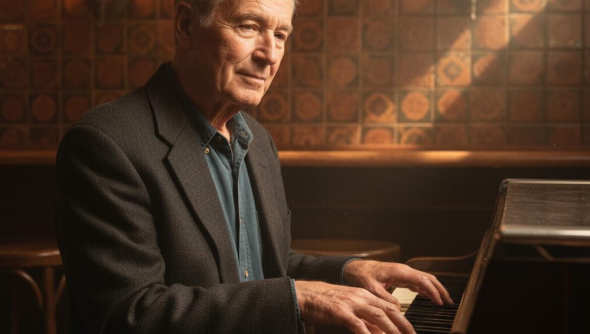 Un musicien âgé joue un piano électrique vintage dans un bar intimiste aux lumières chaudes.